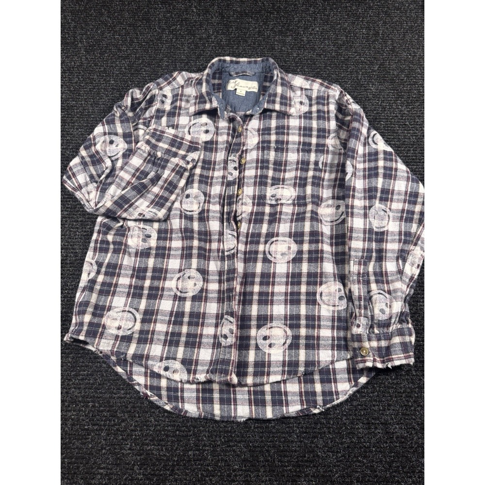Vintage Havana Womens Small Smiley Face Plaid Flannel Shirt Distressed Grunge